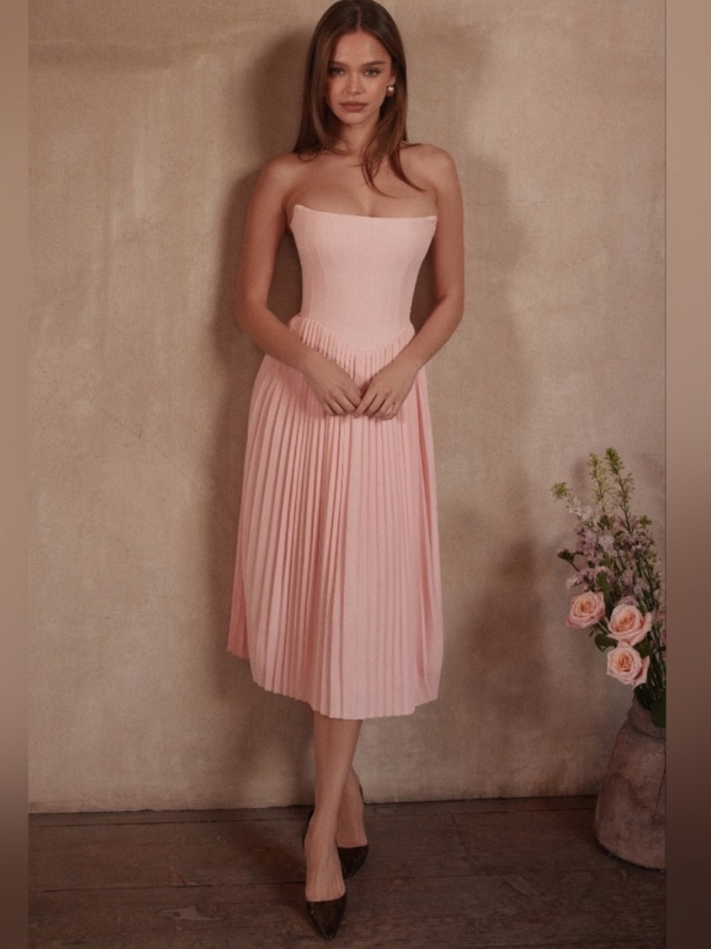 House of CB Marci Corset Pink Pleated Midi Strapless Dress Size Small